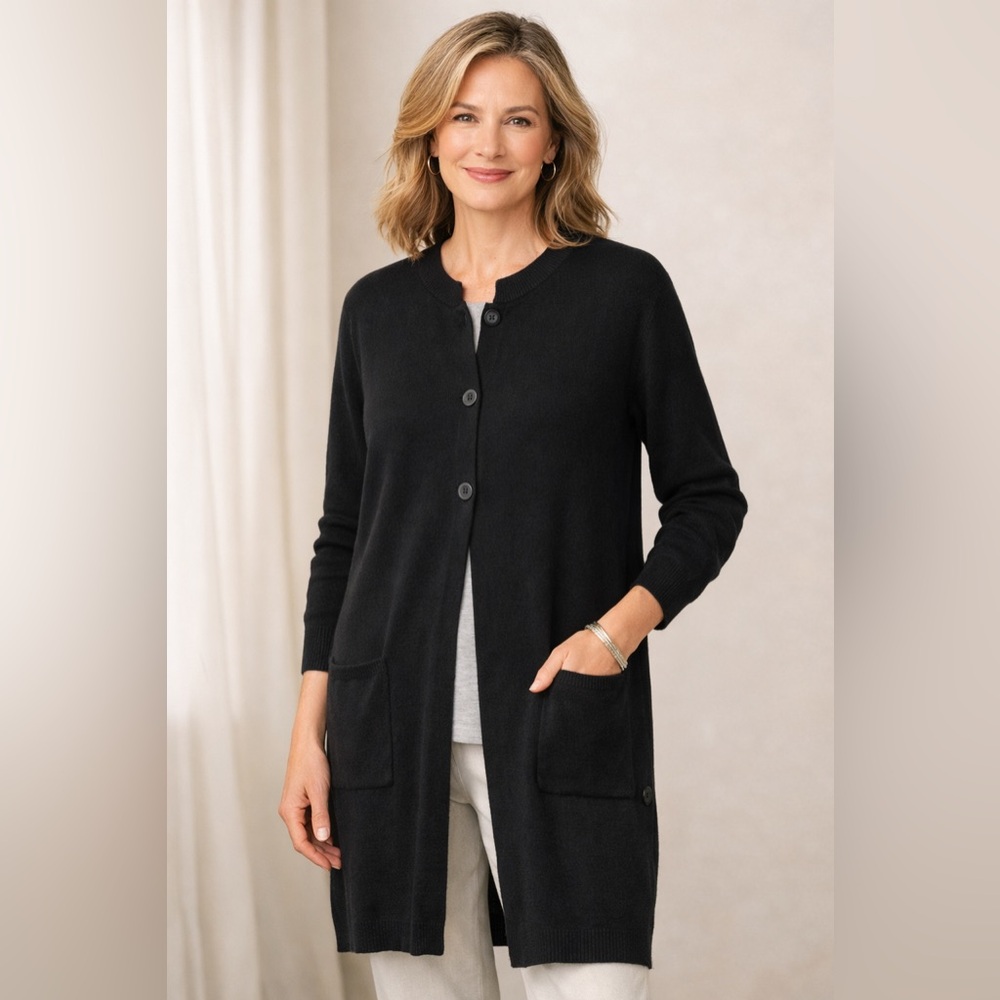 J. Jill Black Wool Blend Button Front Long Duster Cardigan Sweater M